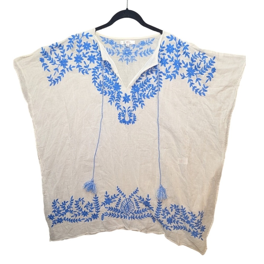 America & Beyond Kaftan Top Womens S/M White Blue Embroidered Coverup Boho Tie